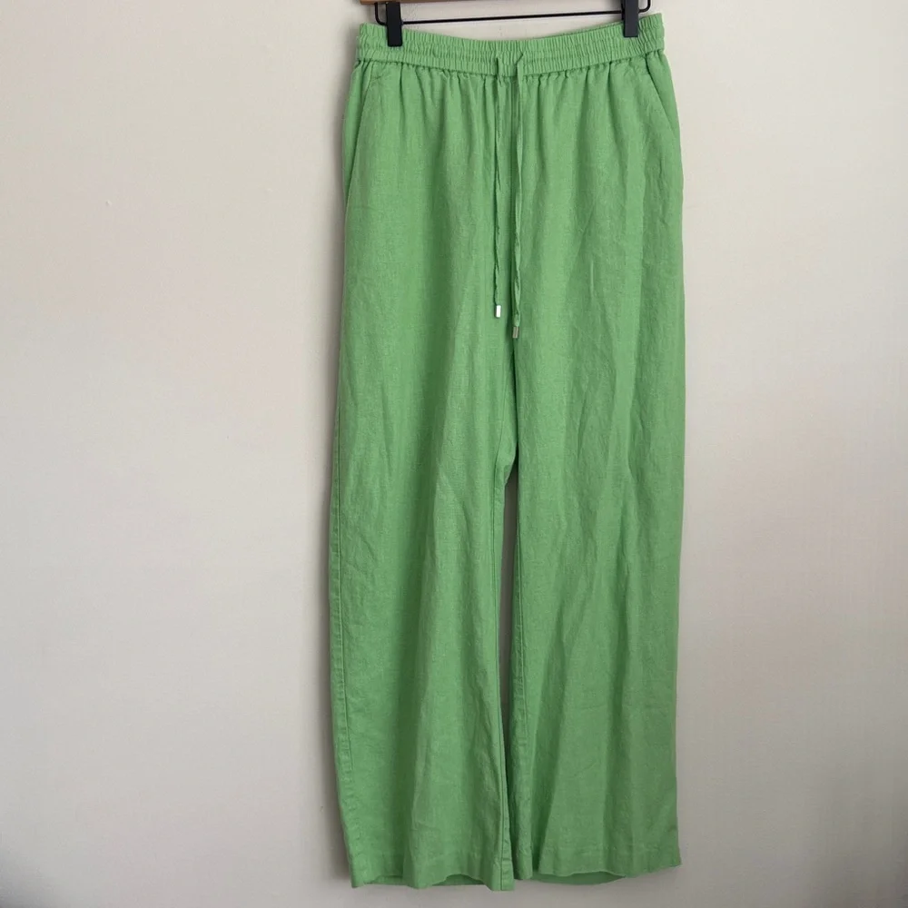 Zara green wide leg Linen blend pants elastic waist lightweight summer M - Picture 1 of 6